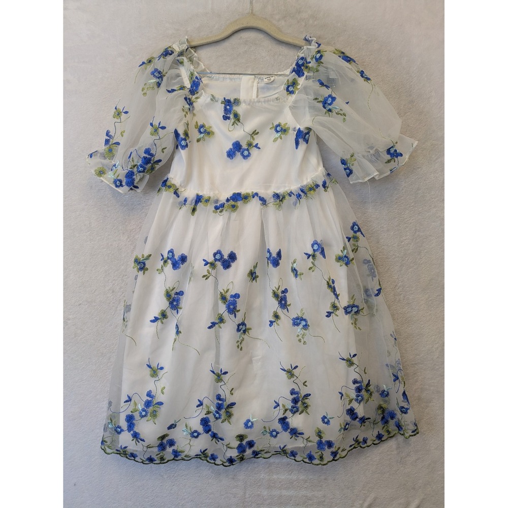SHEIN Kids Girls White Blue Floral Embroidered Tulle Puff Sleeve Dress Size 10Y